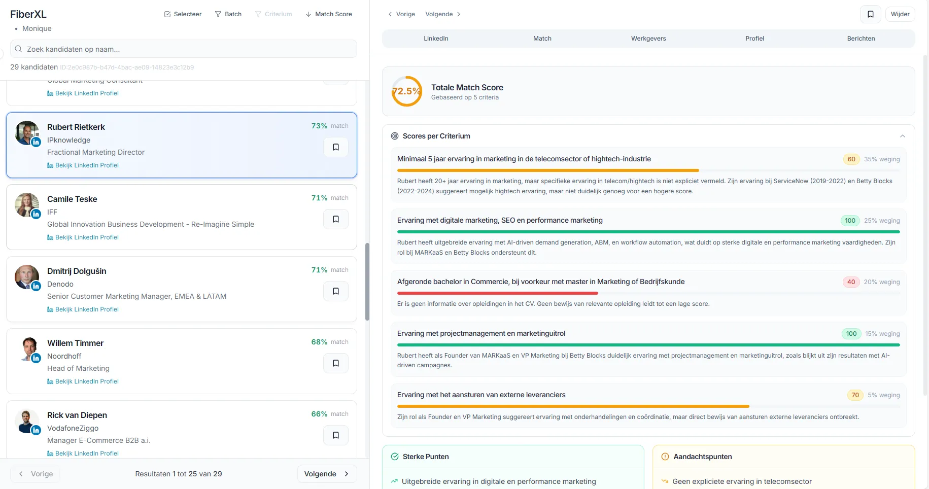SourceLens — AI kandidaat matching interface